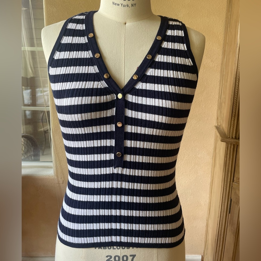 White House Black Market Navy and White Ribbed Sleeveless Tank Top Size S